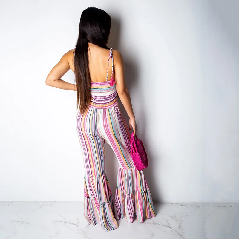 Echoine Spaghetti Straps Jumpsuit Colorful Striped Boot Cut Pants Playsuit Rompers Womens Jumpsuit Overalls Plus Size 2XL Echoine Spaghetti Straps Jumpsuit Colorful Striped Boot Cut Pants Playsuit Rompers Womens Jumpsuit Overalls Plus Size 2XL