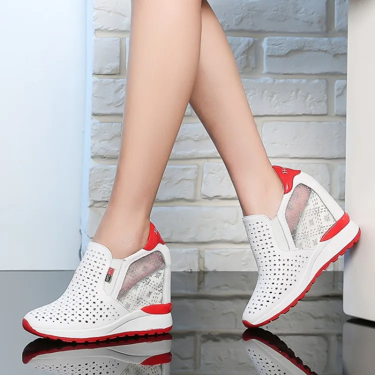 

2019 summer hollow out womens Height Increasing shoes breathable platform sneakers casual Slip On wedges shoes