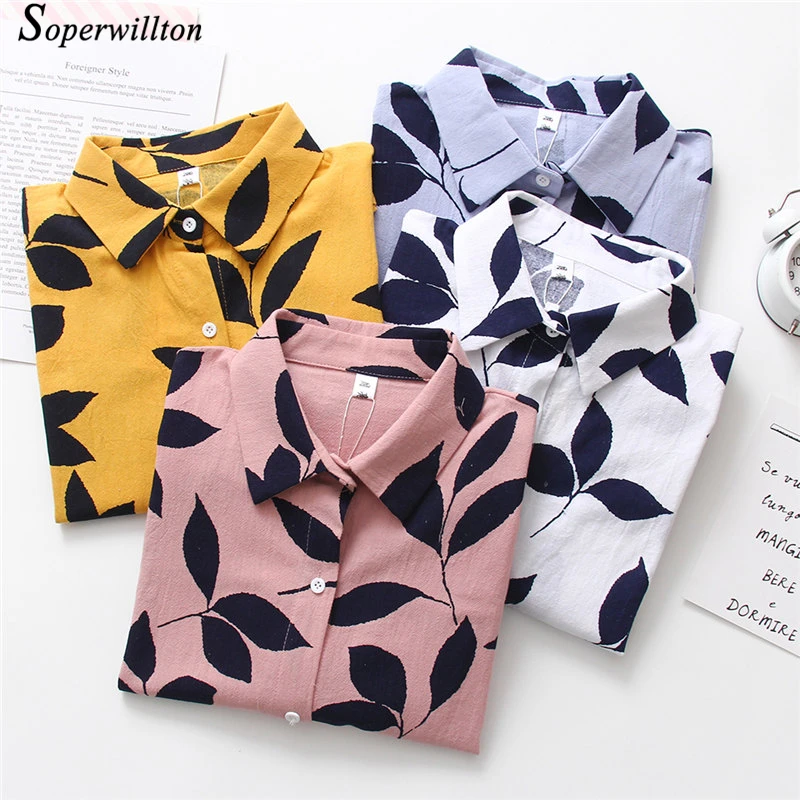 

2019 Fall Winter Leaf Blouse Long Sleeve Women Tops Turn Down Collar White Pink Blue Yellow Ladies Shirts Fashion Femme Blusas