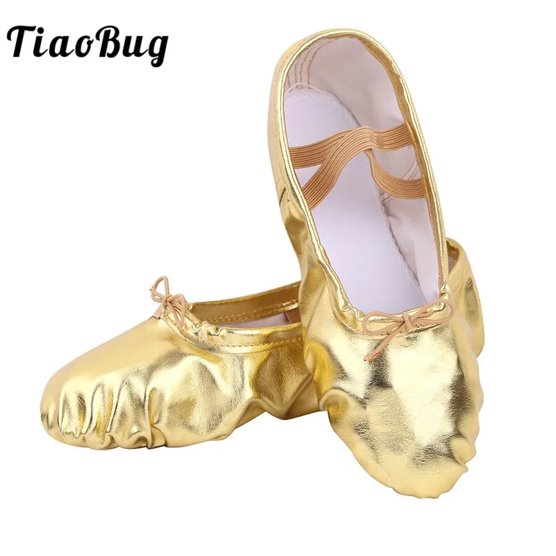 

TiaoBug Women Shiny PU Leather Elastic Straps Ballet Belly Slippers Ballroom Ballerina Pumps Split Soft Cowhide Sole Dance Shoes