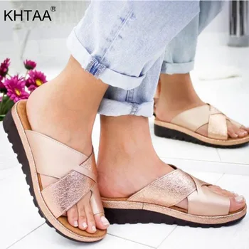 

Summer Women Slippers Casual Wedges Flip Flops Retro Cross Strap Gold PU Female Slip-on Ladies Shoes Fashion Platform Slides