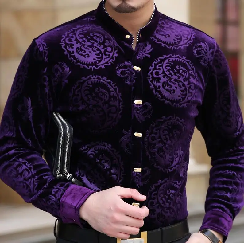 

Men Shirts Stand Collar Long Sleeve Velvet Dress Shirt Man Business Fashion Chemise Masculina Camisa Vetement Homme M-3XL