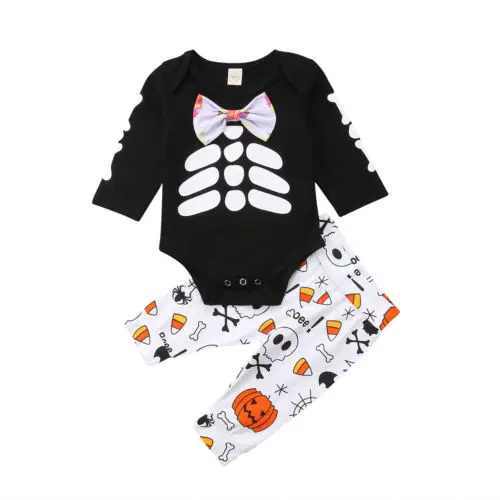 

2Pcs Set Baby Boy Girl Halloween Clothes Long Sleeve Bone Skeleton Bow Tie Romper Tops+Long Floral Pants Autumn Party Clothing