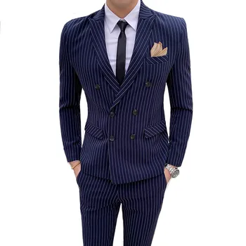 

Men's English Striped Slim Double-Breasted Suit 2 Piece (Jacket + Pants) Fashion Banquet High-end Custom Men's Suit