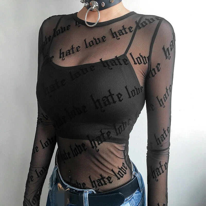 Sexy Gothic Punk Women Mesh Lace T-Shirts See-through Perspective Letter Print Long Sleeve Stretch Tops