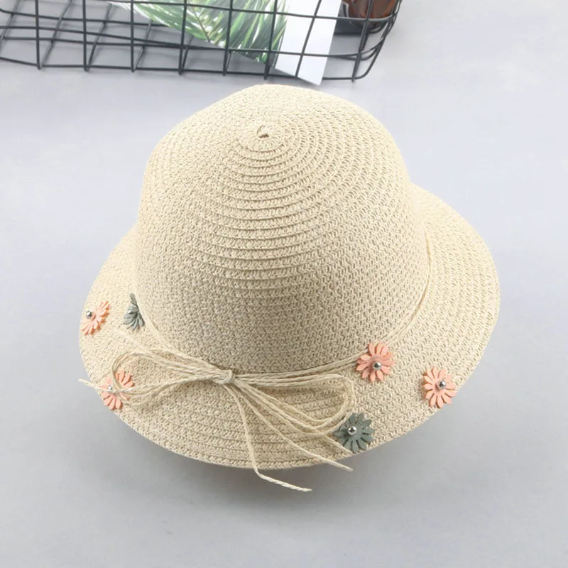 Beige New Sunscreen child Girl adult female Women summer hat British retro bow princess curling straw beach Small flowers hat 2mz67 - Цвет: Beige