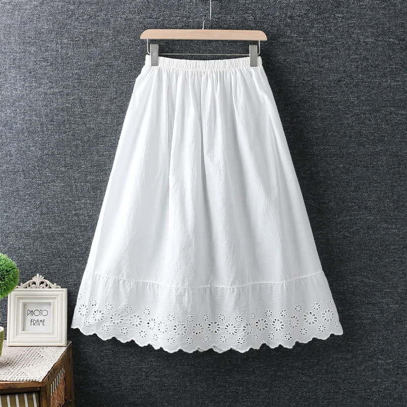 

2019 new summer spring Japan style fresh Hollow out lace cotton loose skirt women solid color elastic waist skirts