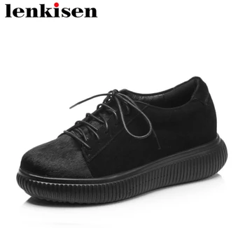 

Lenkisen young girls horsehair natural leather lace up solid high bottom round toe fashion women vulcanized leisure shoes L27