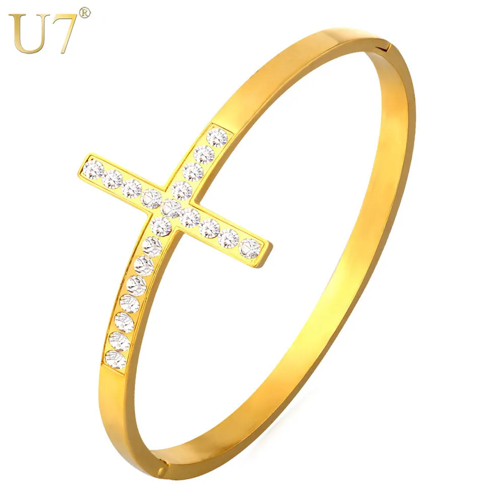 

U7 Stainless Steel Bangle For Women Fashion Jewelry Wholesale Rhinestone Gold Color Christian Cross Bracelet Bangle H780