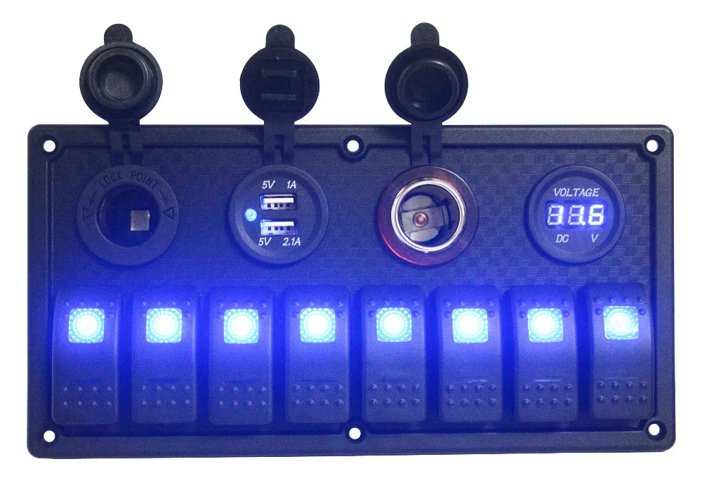 Universal Auto ATV Marine Boat 8 Gang Rocker Switch Panel Circuit Blue