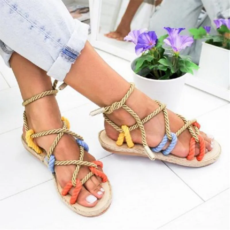 

LASPERAL Women Sandals 2019 Fashion Summer Shoes Woman Flat Sandals Hemp Rope Lace Up Sandals Non-slip Beach Chaussures Femme