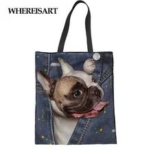 WHEREISART Милая Мопс печать Демин Экологичная многоразовая для покупок сумка ткань продуктовый пакет перерабатываемая сумка здоровая сумка