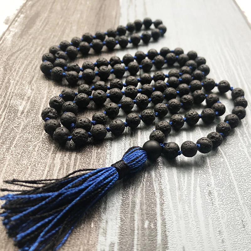 Boho Jewelry Natural Lava Stone Mala Beads Necklace 108 Knotted Tassel Yoga Meditation Gift Mans Spiritual | Украшения и