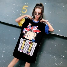 Летние тяжелой промышленности мультфильм Betty черный с коротким рукавом г-жа Футболка Большой размер шить в длинный отрезок футболка женские