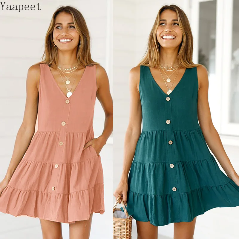 

Sexy A-Line Women Dresses 2019 Summer Sleeveless Dress Vestidos Female Beach V-Neck Sundress Ruffles Patchwork Dress Elegant