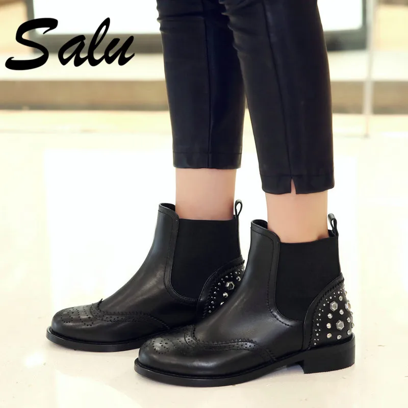 

Salu Boots Women Ankle Boots Genuine Leather Autumn Winter Warm Chelsea Boots Low Heels Party Black Shoes Woman Size 42 43