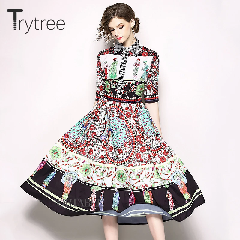 Trytree лето осень элегантное платье с принтом уличное ТРАПЕЦИЕВИДНОЕ ПЛАТЬЕ