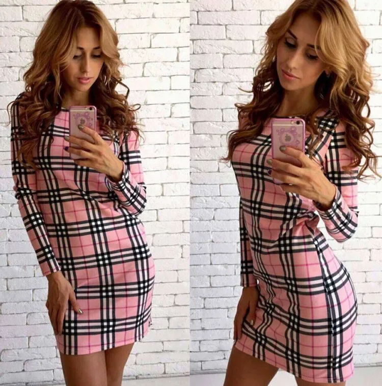2017 Spring Autumn Women Fashion Dress European Style Slim dresses Long Sleeve Plaid Print Dress Elegant Sexy Package hip Dress mimi dress