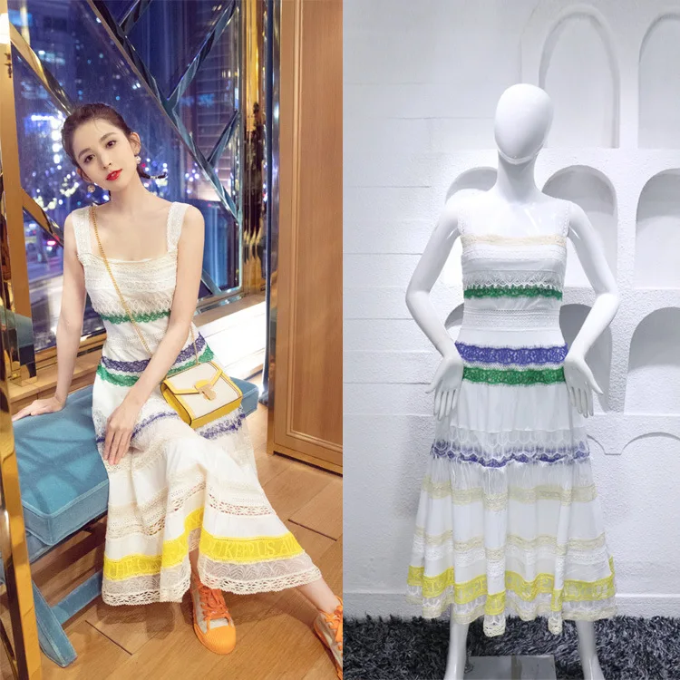 

New 2019 Star Gulinaza's Dresses Spring and Summer Lace Sleeveless Mid-long Super Fairy vest