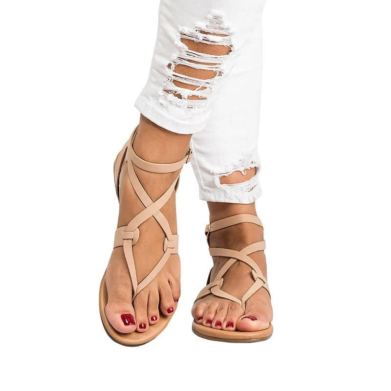 Large Size Women Sandals Summer Shoes Gladiator Style Flat Slippers with Ankle Strap Cross-tie Female Beach Sandals Solid Design