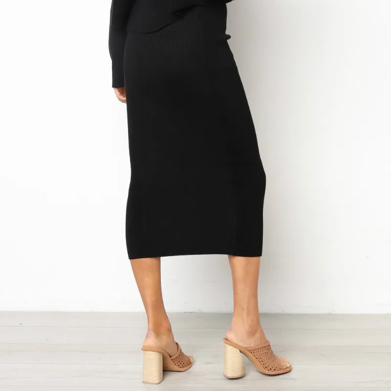 Вязанная Осенняя миди облегающая юбка Сексуальная черная белая высокая талия облегающая женская элегантная накидка на бедра юбки карандаш вечерние клубная одежда