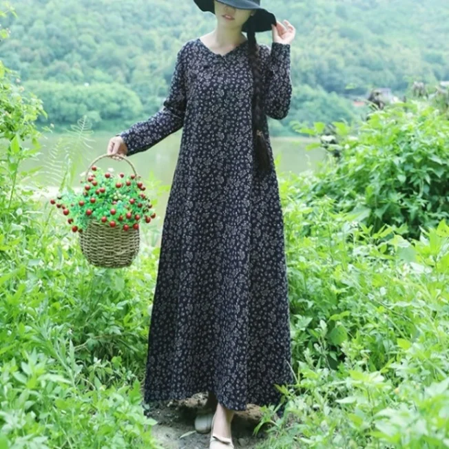 EaseHut цветочное женское Макси длинное платье цельное с v-образным вырезом с длинным рукавом хлопковое льняное платье кафтан цельное женское весеннее летнее платье - Цвет: Синий
