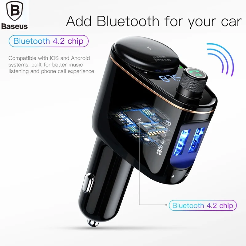 

BASEUS Bluetooth MP3 Car Charger Audio Player Vehicle Kit FM Transmitter Handsfree Calling 3.4A Dual USB Mobile Phone Charger