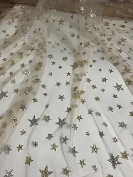 

Gold and silver star design wedding lace fabric with glued glitter embroidered tulle fabric for party dress