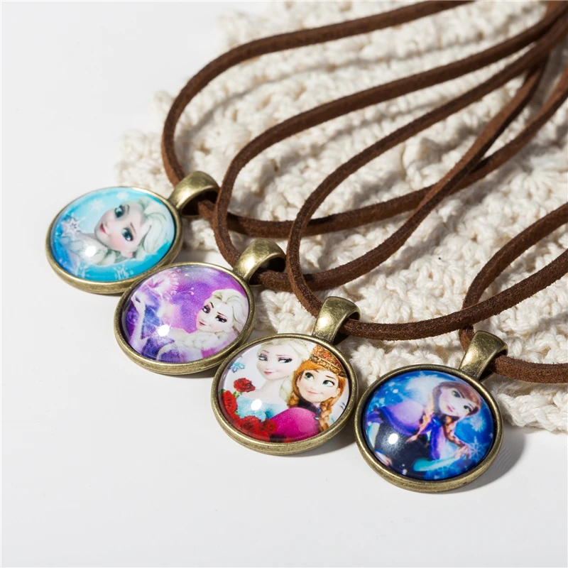 

Cute Cartoon character Jewelry Glass Cabochon Brown Leather Chain Necklace Pendants Fashion Collares Women Girl Children Gift