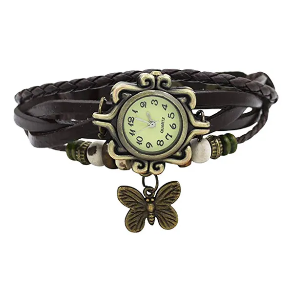 Коричневый ретро переплетение с узором Дамская бусина бабочка болтающийся браслет кварцевые наручные часы bayan kol saati apple band часы женские - Цвет: Черный