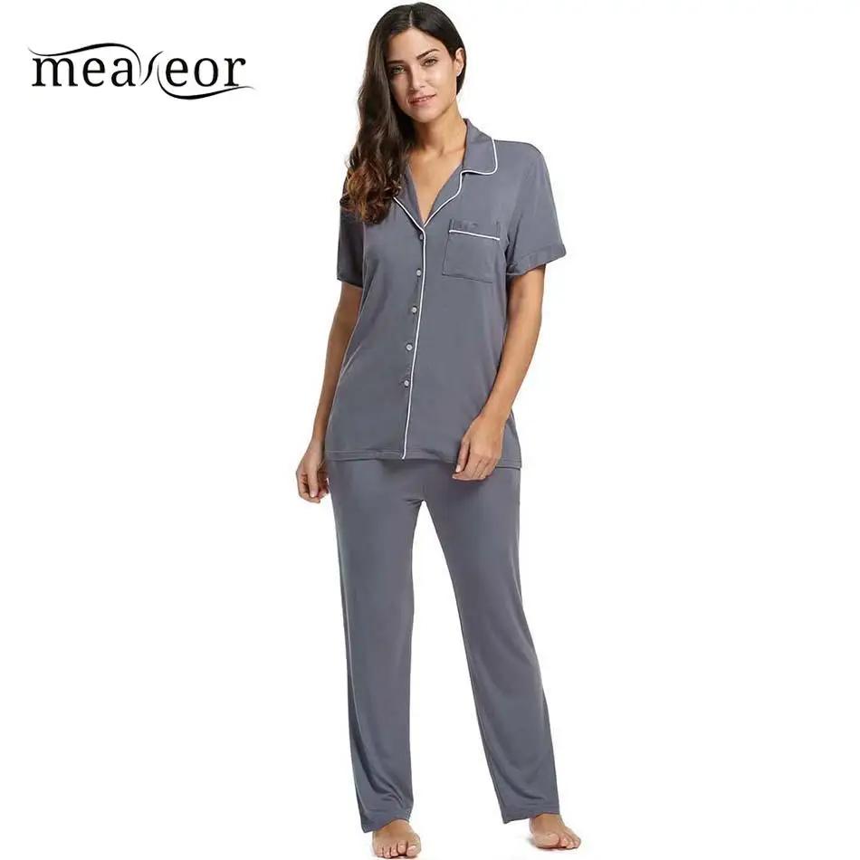 Meaneor Solid Women Pajamas with pocket Casual Short Sleeve Pajama and Pants Set fFit Elastic