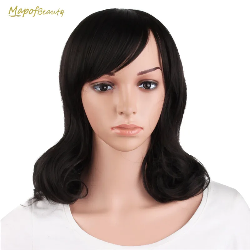 

16" Short Curly Wigs For Black Women Black Dark Light Brown Synthetic Hair Bangs Heat Resistant Nautral Cosplay Wig MapofBeauty