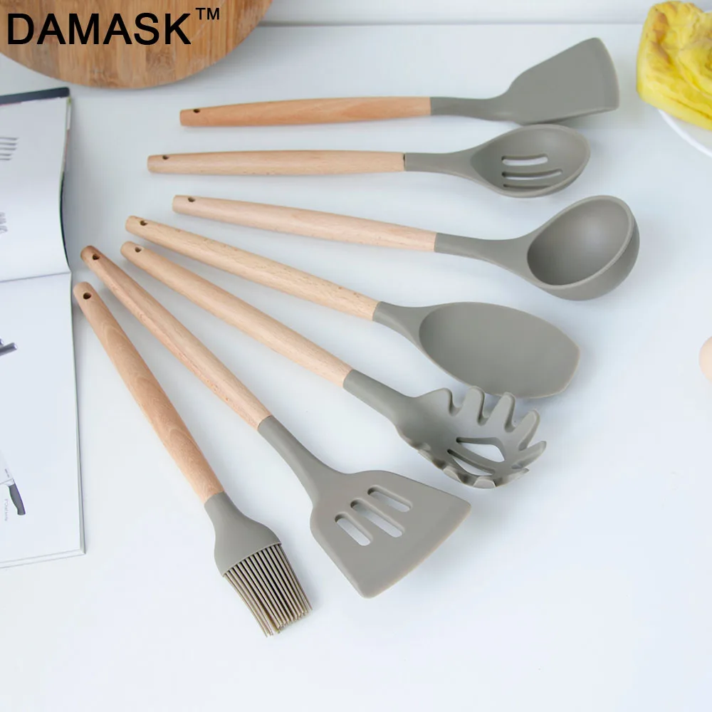 

DAMASK Silicone Egg Beater Slotted Spoon Spatula Oil Brush Kitchenware Chef Kitchen Utensils Sets 6/7 PCS Set Toast Icecream