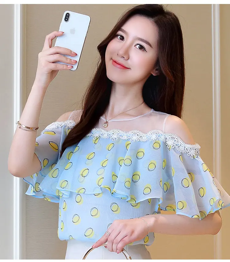 New Polka Dot Shirts Women 2018 Female Summer Blouse Ruffled Open Shoulder Tops Casual Fashion Print Chiffon Blusas Mujer Verano (8)