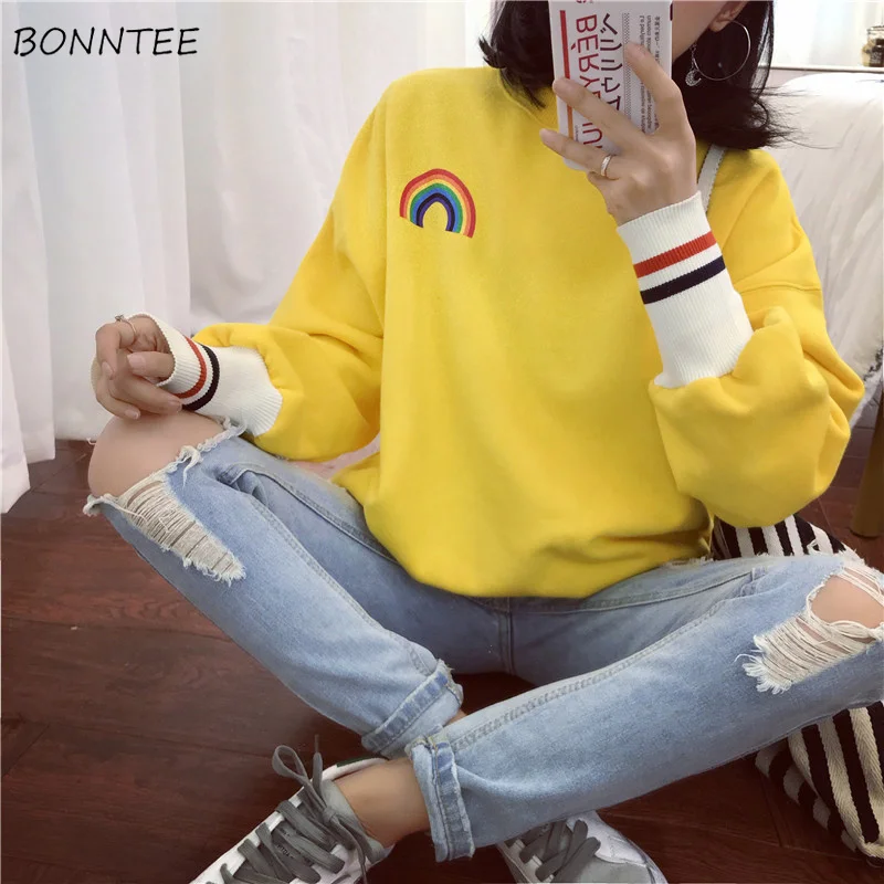 هوديس النساء قوس قزح مخطط مرونة صفعة س الرقبة Kawaii المتناثرة المطبوعة إمرأة الكورية Ulzzang البلوز كل مباراة سمكا