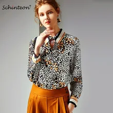 Schinteon леопардовая блузка женская мода натуральный шелк блузка элегантный отложной воротник длинный рукав рубашка пуловер