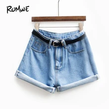 ROMWE Womens Brand Newest Spring Short Jeans Brand Mid Waist Denim Blue Button Fly With Pockets and Belt Cuffed Shorts