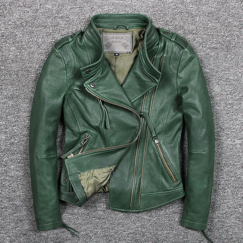 

Free Shipping Motorcycle Women Leather Jackets Dark Green Sheepskin Lady Genuine Leather Jackets