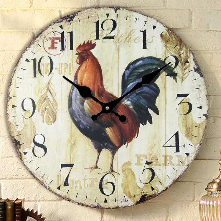 American Country Style Wood Wall Clock Rooster Cartoon Pattern Round