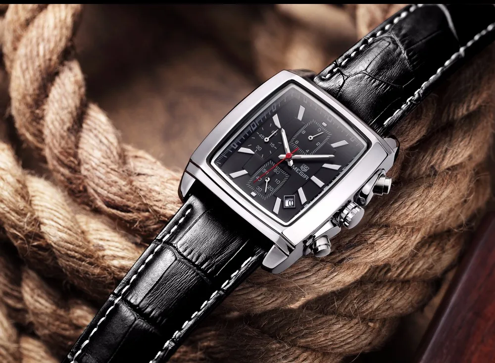 MEGIR лучший бренд класса люкс мужские Модные прямоугольные часы Уникальный гравированный циферблат военные спортивные часы Relogio Masculino Esportivo