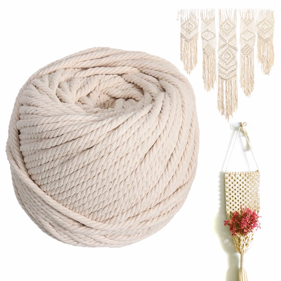 1 Roll 65M Macrame Rope Natural Beige Cotton Twisted Cord 5mm For Artisan DIY Hand Craft