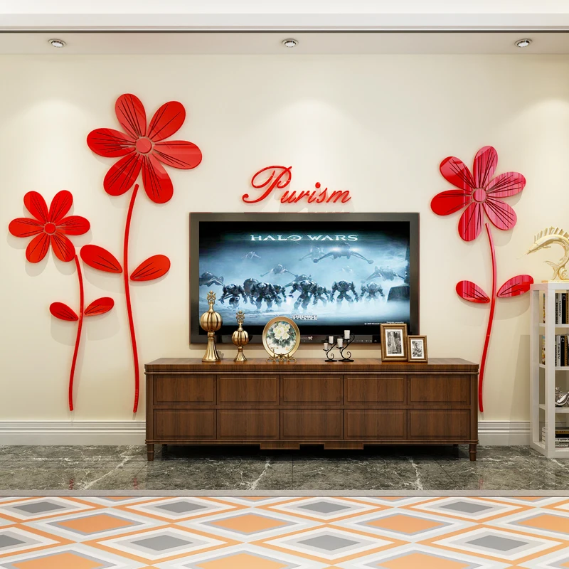 

Six petals flower crystal 3d acrylic stereo mirror wall stickers porch TV sofa bed background decorative painting Sun flower