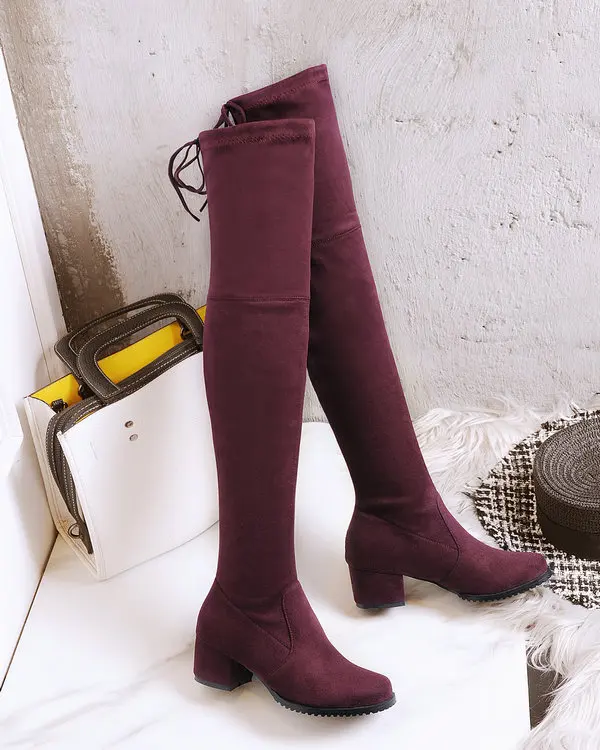 Высокие сапоги до бедра с квадратным носком женские зимние сапоги выше колена на среднем каблуке с громоздким голенищем Черные, серые, винно-бежевые Сапоги выше колен - Цвет: purple red