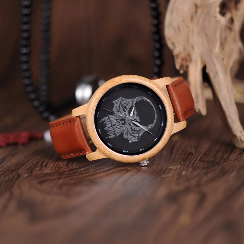 BOBO BIRD LP24 Men Ebony Bamboo Wood Watches Engraving Glass Halloween Skeleton Watches Men erkek kol saati