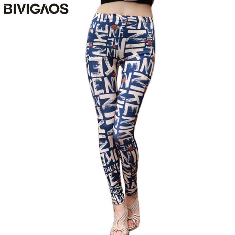 

New Fashion Retro Milk Silk Colorized Blue Graffiti Letters Printed Sau San Hin Thin Stretch Leggings Pencil Pants For Women
