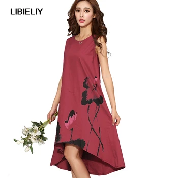 

Nice Summer Women Dress Plus Size 5XL 4XL Sleeveless Chinese Style O-neck Cotton Linen Tank Longue Casual Loose Long Dresses