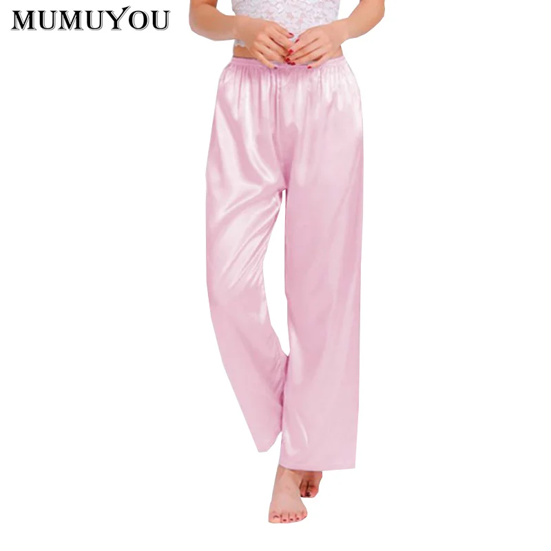 

Women Faux Silk Casual Sleep Bottoms Solid Elastic Waist 9 Colors Long Pajamas Trousers Spring Autumn Plus Size XS-3XL 035-338
