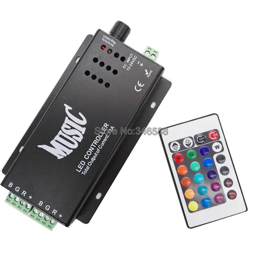 12V 24V 12A Sound Activated Music Controller Black Color with 24key IR Remote Control 144W 2