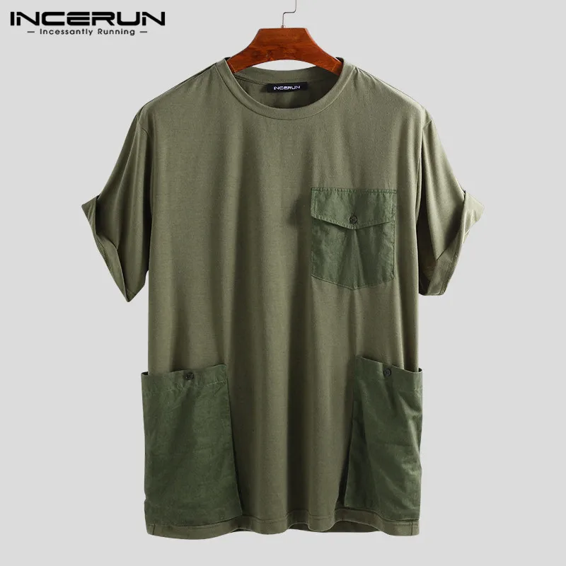 

INCERUN Fashion Men T Shirt Pockets Solid Short Sleeve Loose High Street Casual Tees Men Couple Ladies T-shirts Plus Size 2019