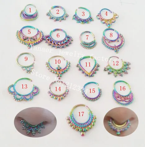 

Newest stainless steel surgical rainbow septum piercing rainbow piercing septum clicker real septum ring 16g